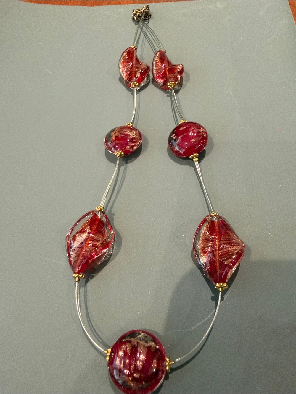 Murano Red Glass Bead Necklace with Gold Accents